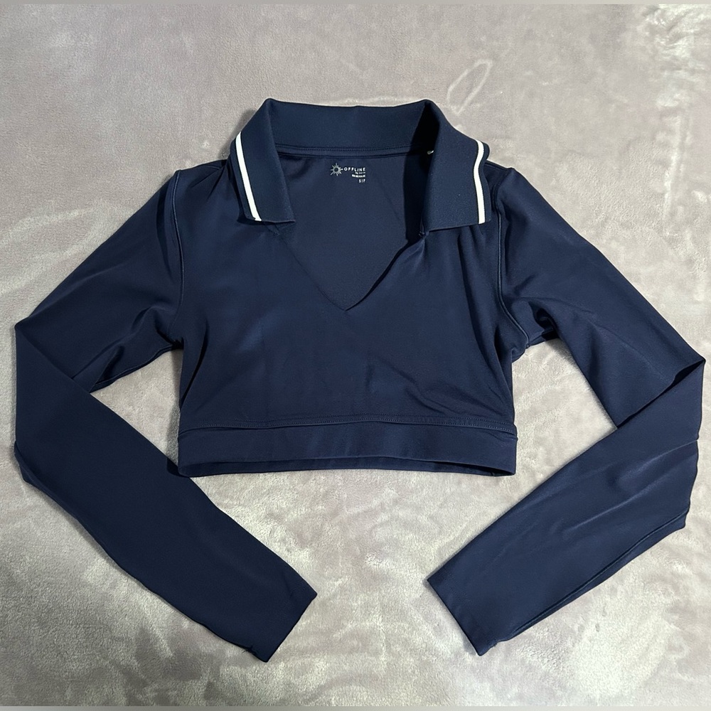 OFFLINE By Aerie Real Me Long Sleeve Polo T-Shirt Small navy blue